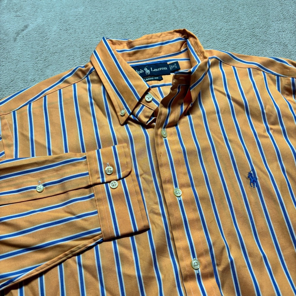 Ralph Lauren Shirt Mens 16 32/33 Classic Fit Orange Blue Striped Button Down EUC